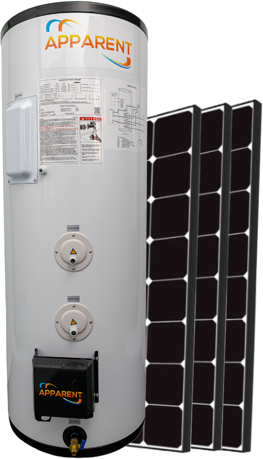The eXeL system: a white cylindrical stainless steel water tank carrying the Apparent logo, with a black smart controller mounted at its base and three dark photovoltaic panels standing alongside it.